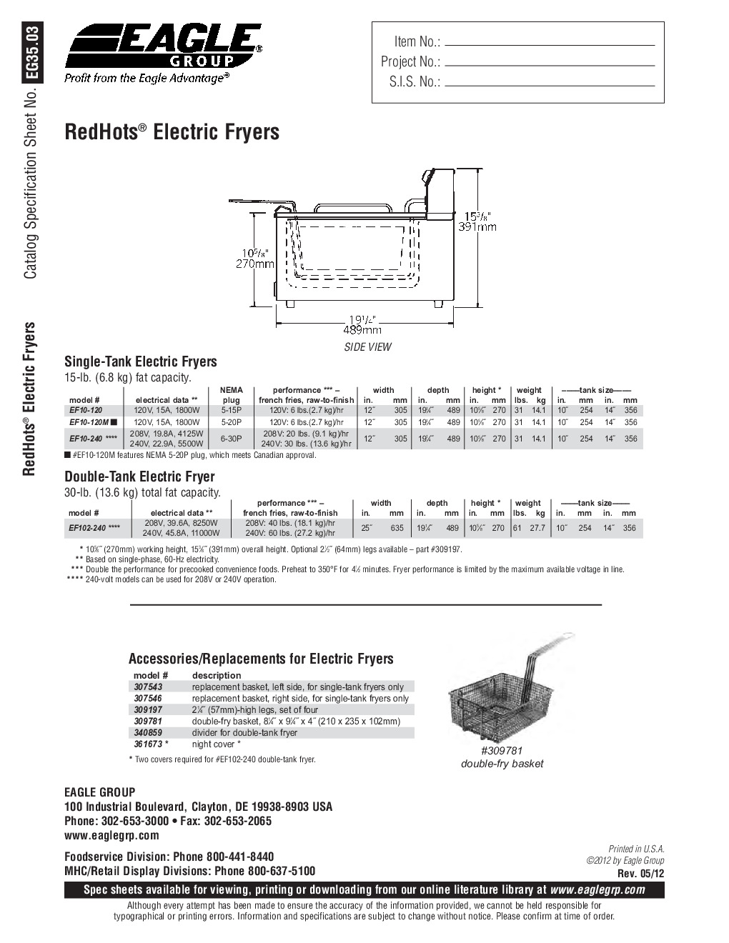 Eagle Group EF10-240 Full Pot Countertop Electric Fryer w/ 15-lb Capacity, 2 Baskets, 208-204v/1ph