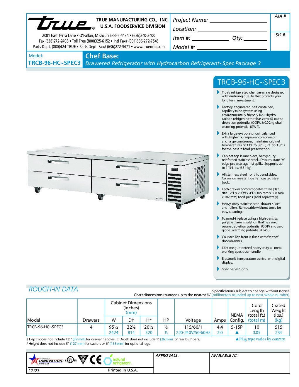 True TRCB-96-HC~SPEC3 Refrigerated Base Equipment Stand