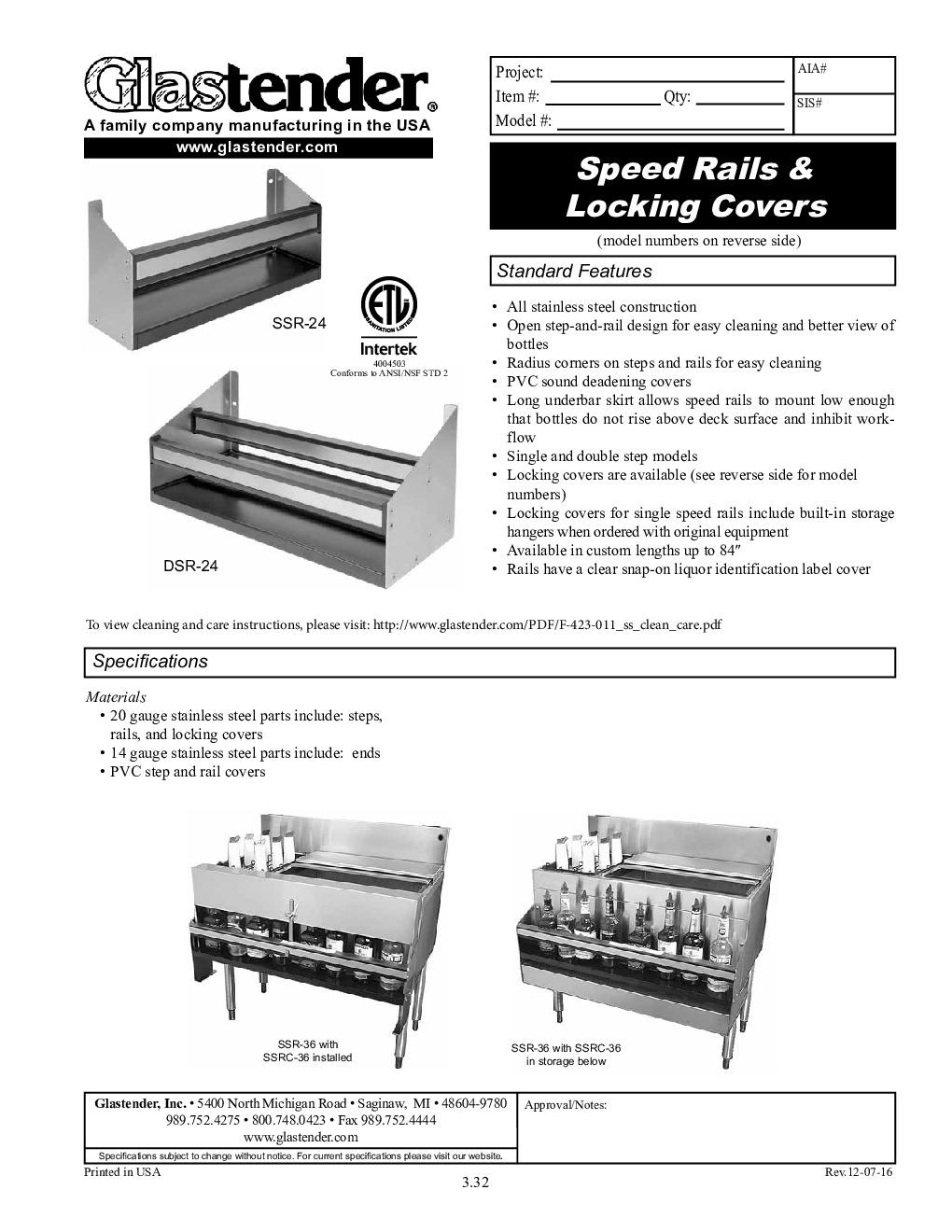 Glastender DSRC-45 Cover Speed Rail / Rack