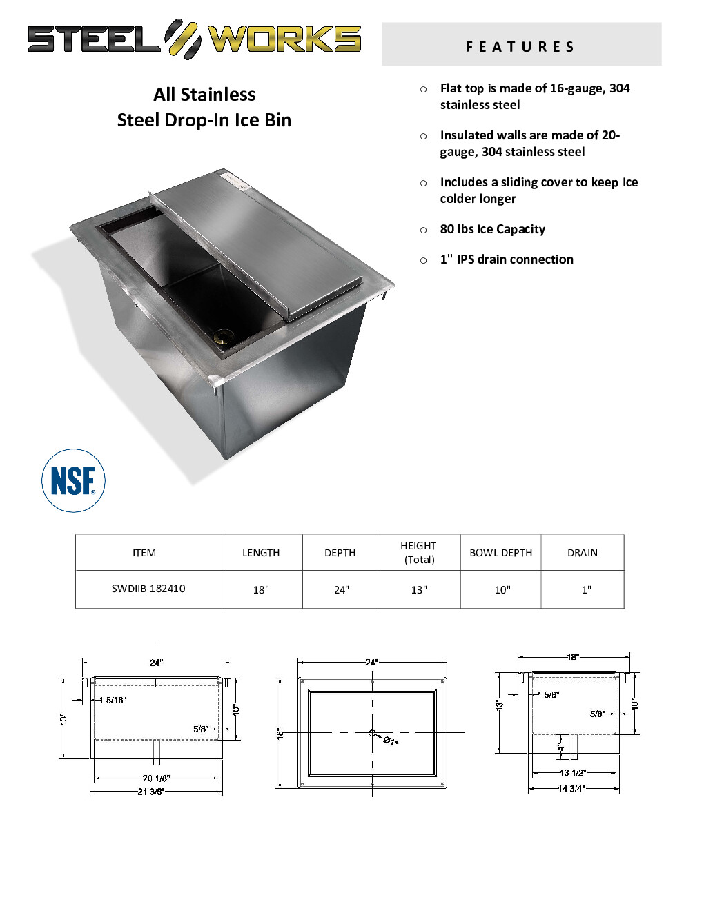 Steel Works SWDIIB-182410 Drop-In Ice Bin