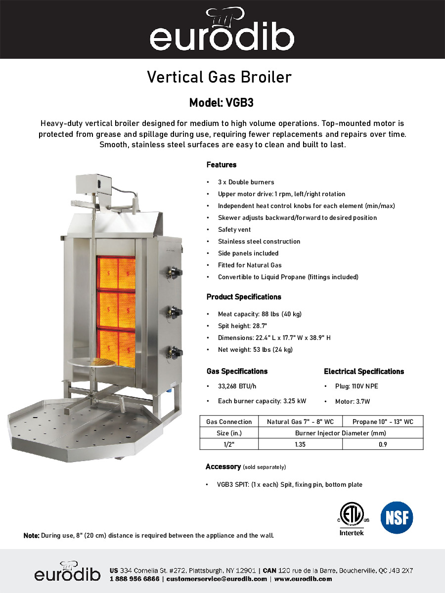 Eurodib USA VGB3 Gas Vertical Broiler (Gyro)