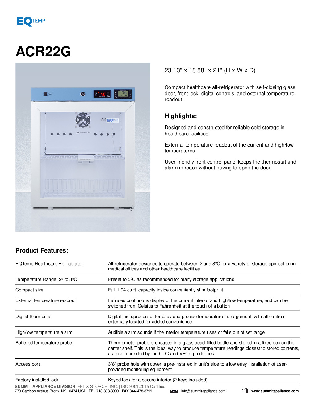 Summit ACR22G Medical Refrigerator
