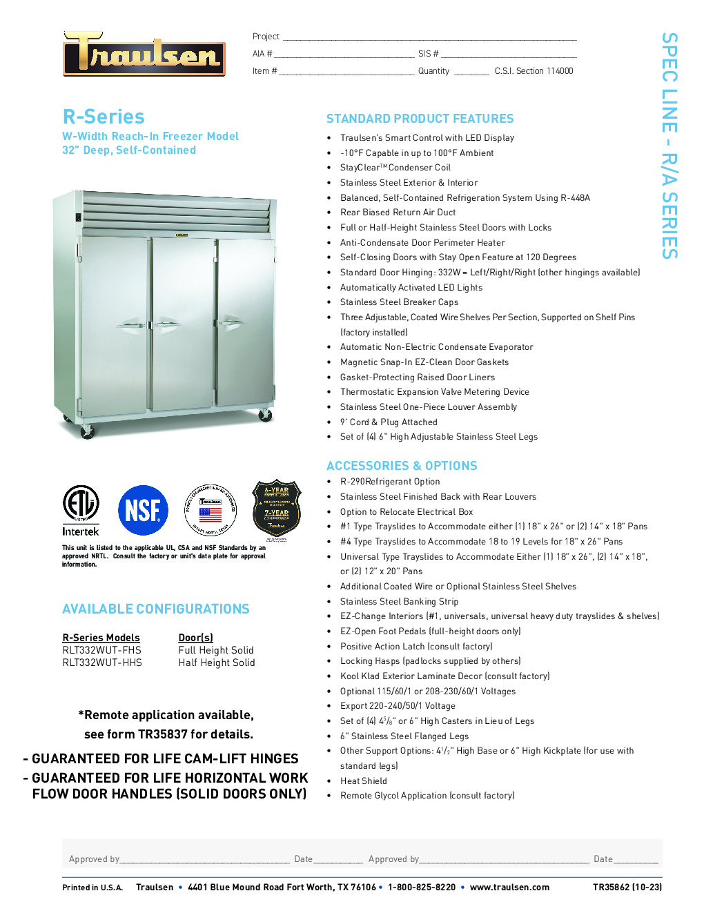 Traulsen RLT332W-FHS Reach-In Freezer