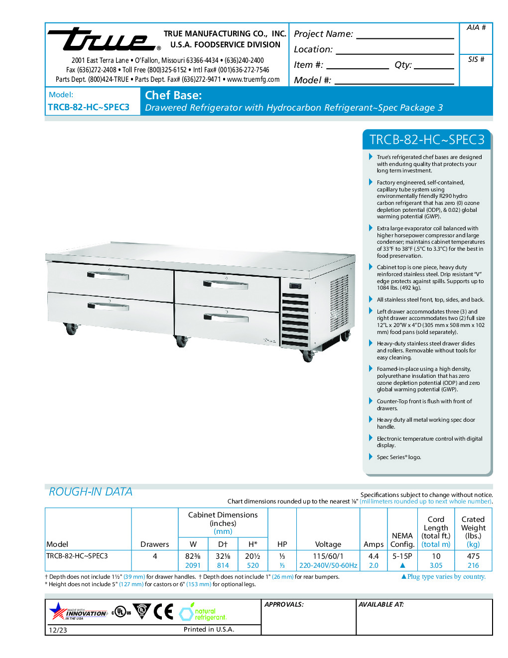 True TRCB-82-HC~SPEC3 Refrigerated Base Equipment Stand