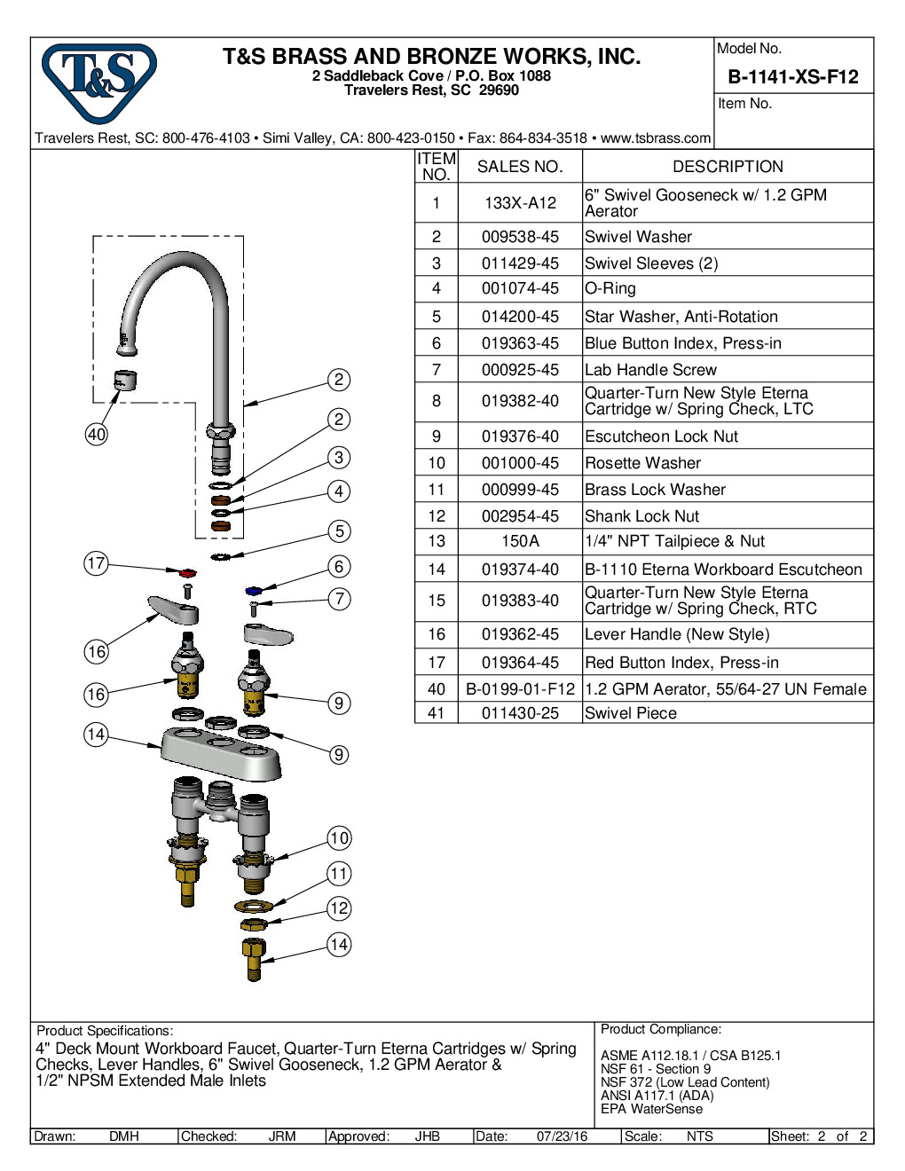T&S Brass B-1141-XS-F12 Deck Mount Faucet
