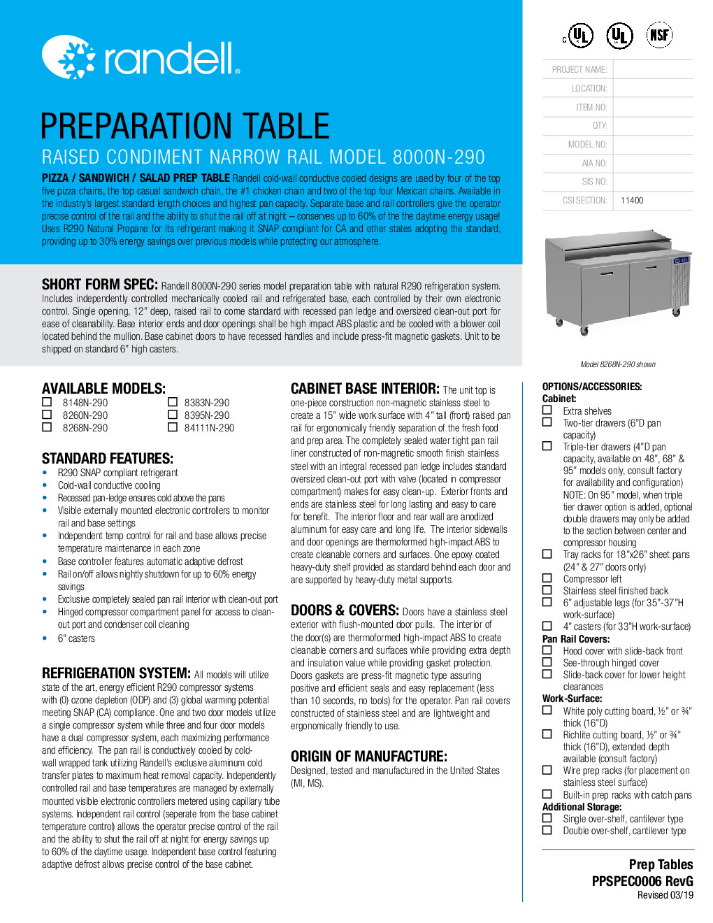 Randell 8395N-290-PCB Pizza Prep Table Refrigerated Counter