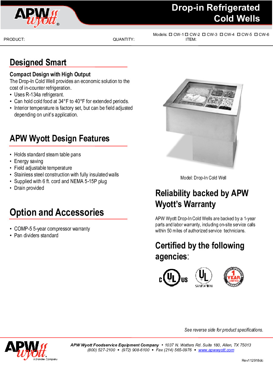 APW Wyott CW-6 Refrigerated Drop-In Cold Food Well Unit