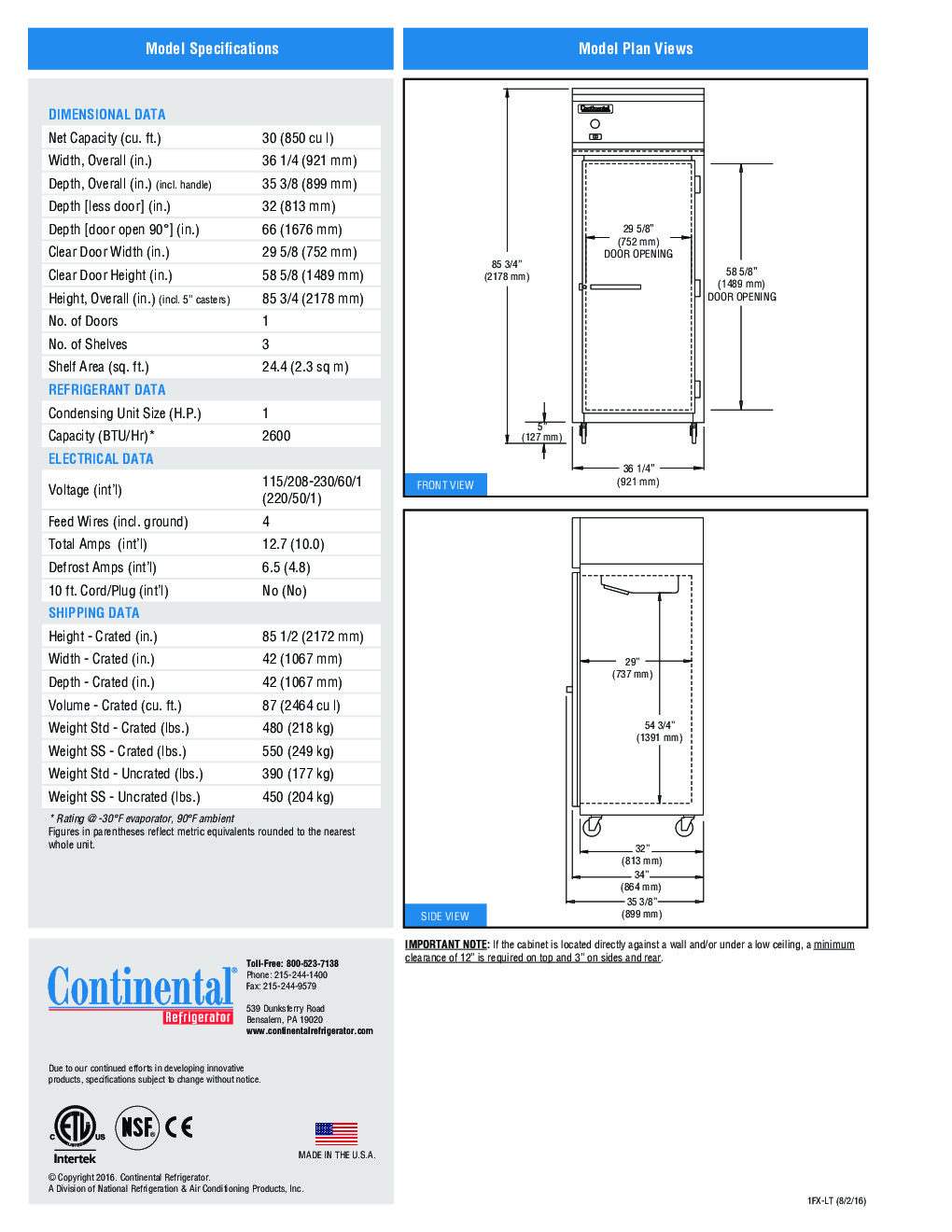 Continental Refrigerator 1FX-LT Reach-In Low Temperature Freezer