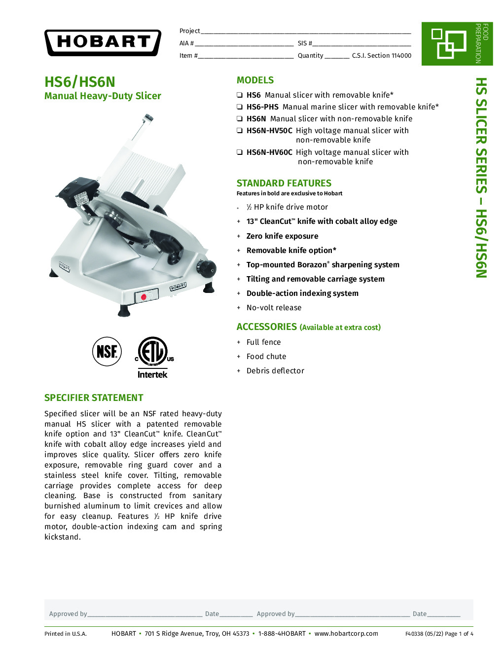 Hobart HS6-PHS Manual Marine Meat Slicer with 13