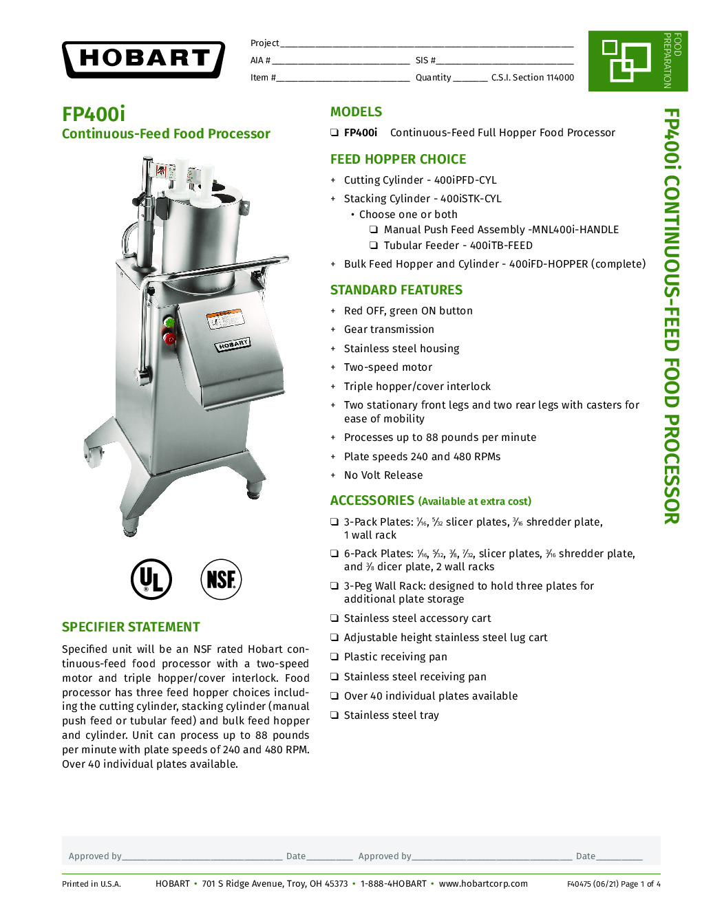 Hobart FP400I-1 Continuous Feed Food Processor, 88 Ib. Production Per Minute, 208-240v/60/3-ph