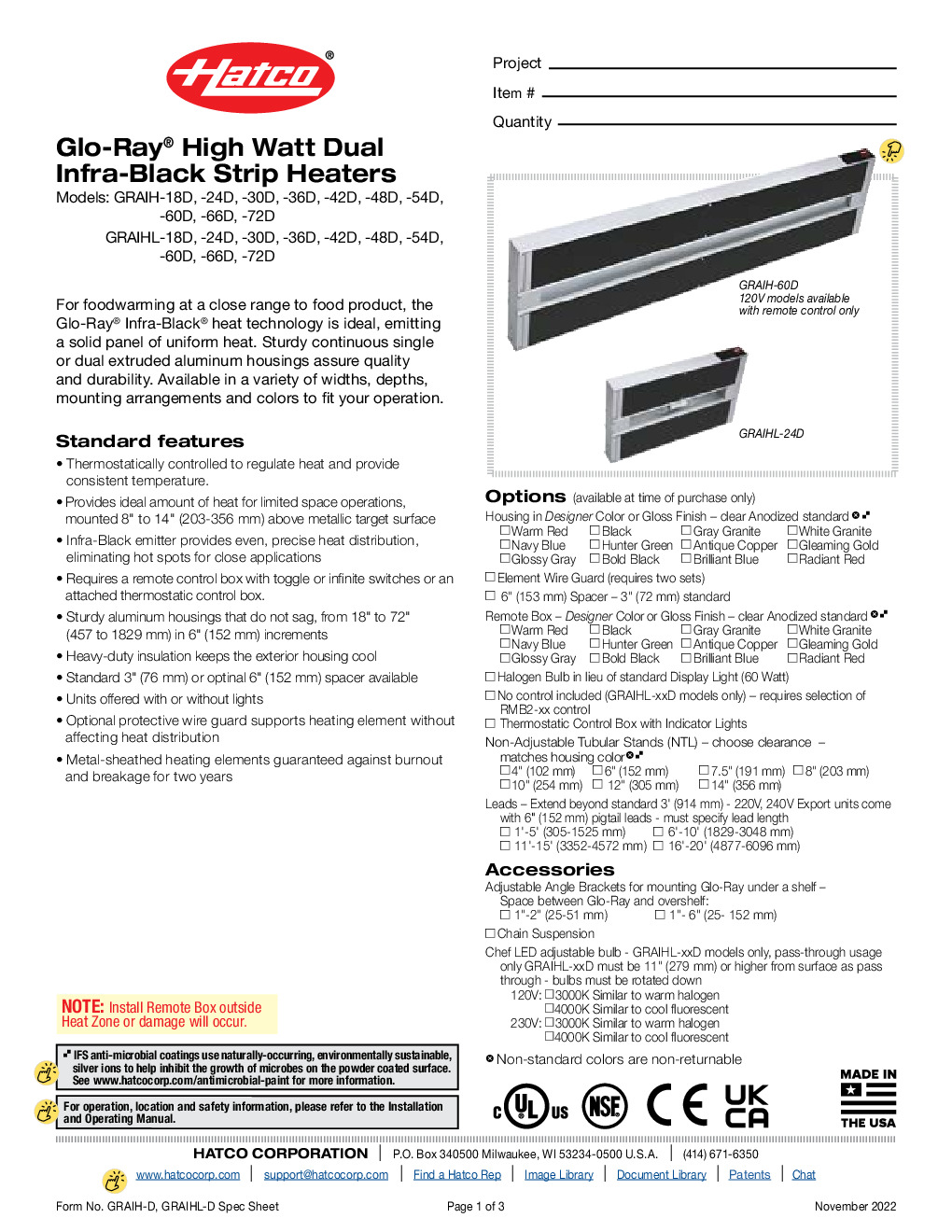 Hatco GRAIHL-72D6 Strip Type Heat Lamp