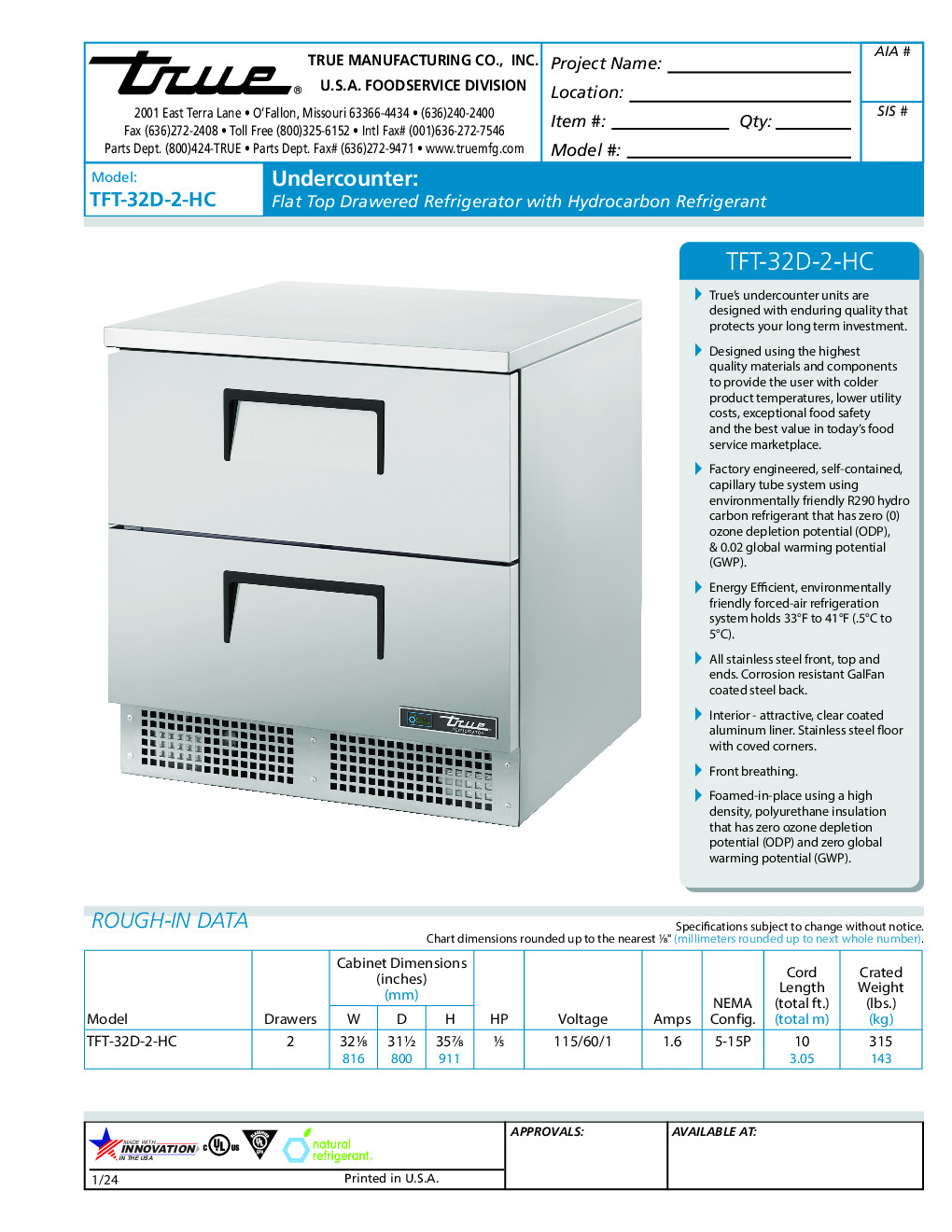 True TFT-32D-2-HC Work Top Refrigerated Counter