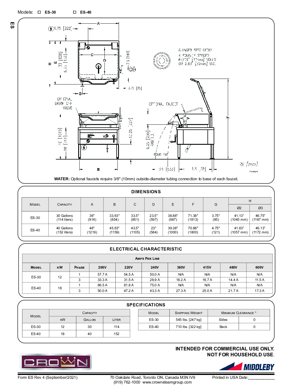 Crown ES-40 Electric Tilting Skillet Braising Pan w/ 40 Gallon Capacity, Manual Tilt