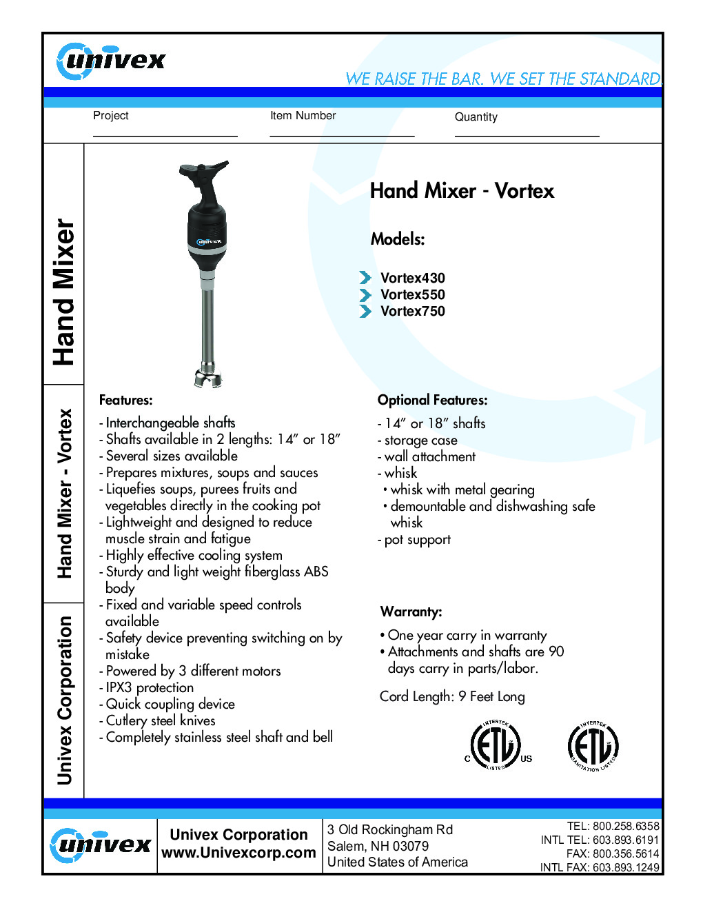 Univex VORTEX750-PK1 Hand Immersion Mixer