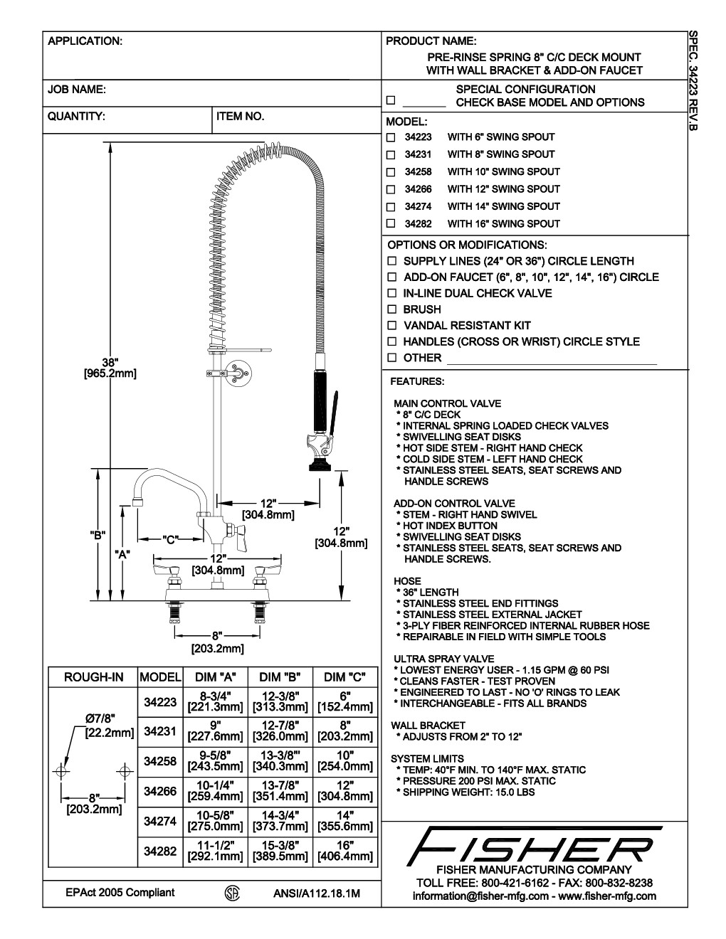 Fisher 34223 with Add On Faucet Pre-Rinse Faucet Assembly