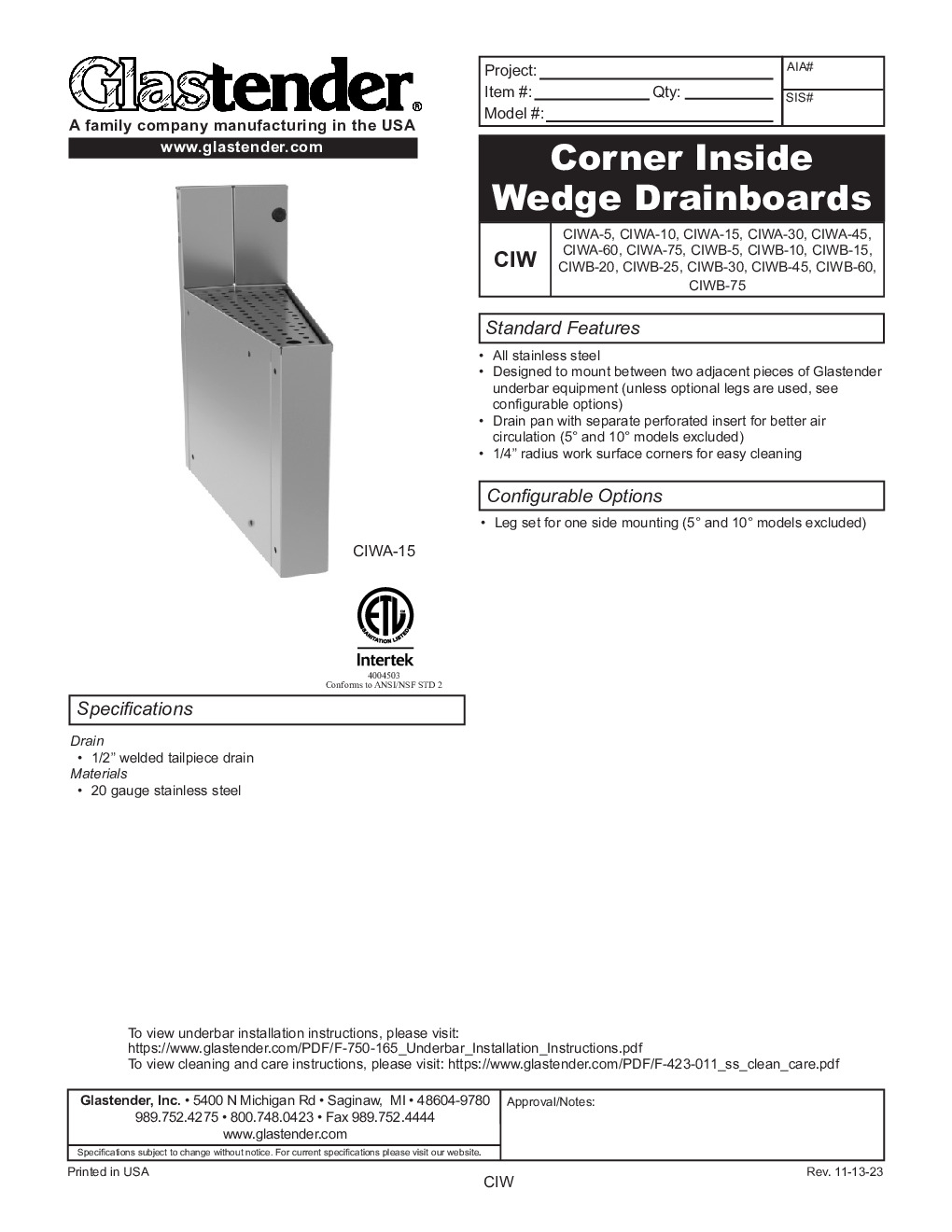 Glastender CIWB-75 Underbar Angle Filler