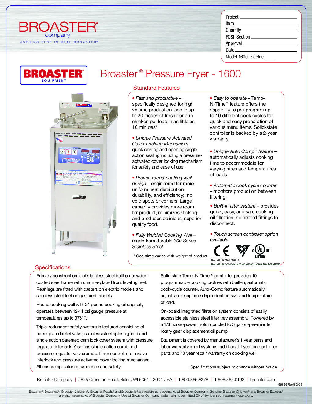 Broaster 85785 1600 Series Electric Pressure Fryer w/ Temp-N-Time Controller, Built-In Filter