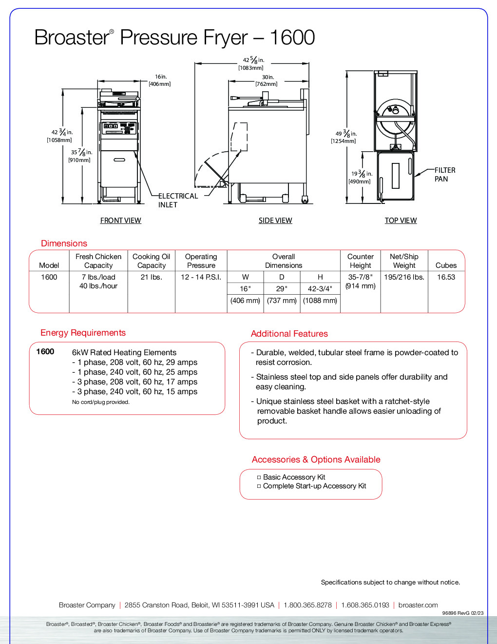 Broaster 85785 1600 Series Electric Pressure Fryer w/ Temp-N-Time Controller, Built-In Filter