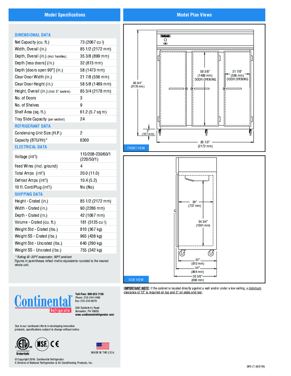 Continental Refrigerator 3FE-LT-SS Reach-In Low Temperature Freezer