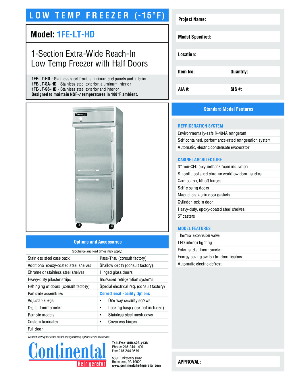 Continental Refrigerator 1FE-LT-SS-HD Reach-In Freezer