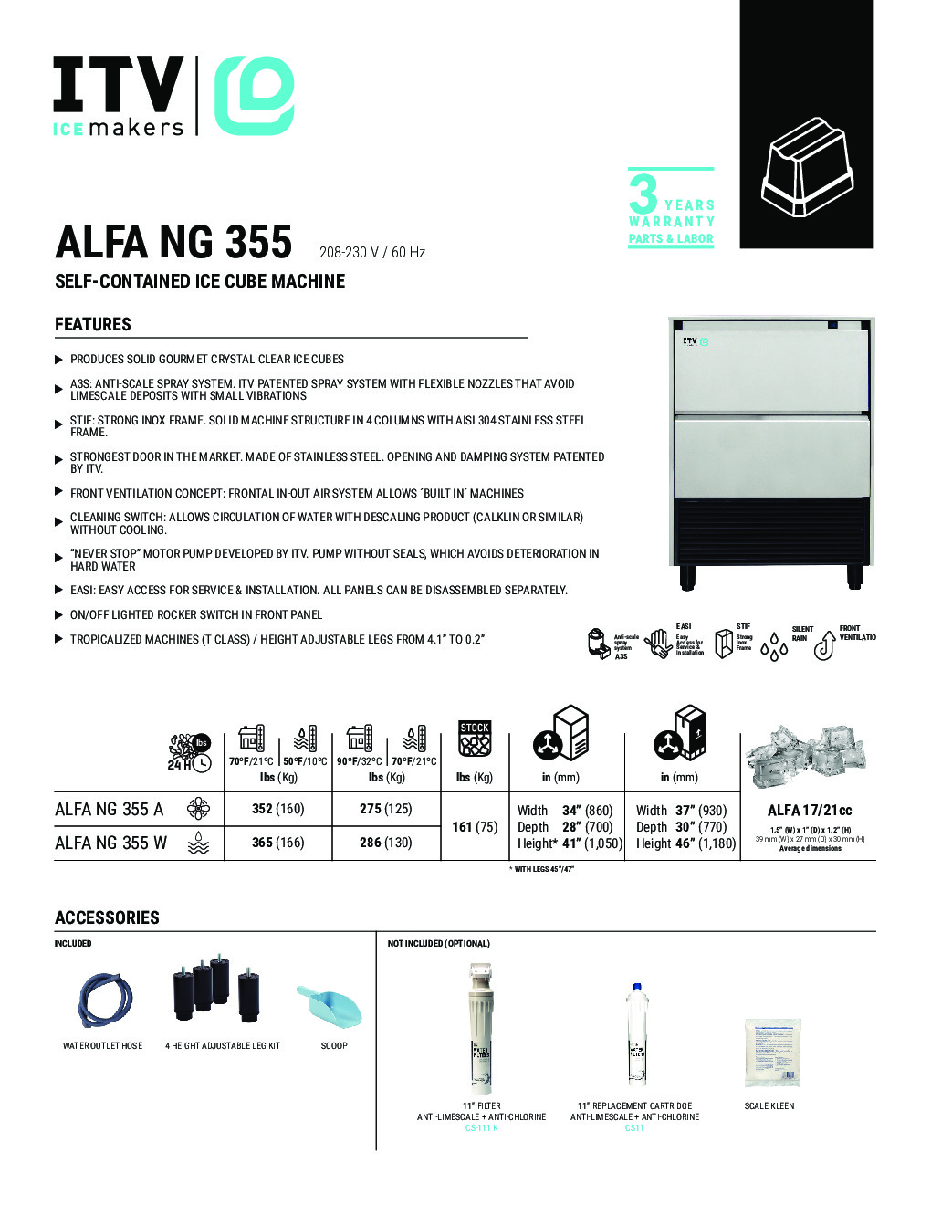 ITV ALFA NG 355 Ice Maker with Bin, 163 lbs, Dice Cubes, 352 lbs/Day