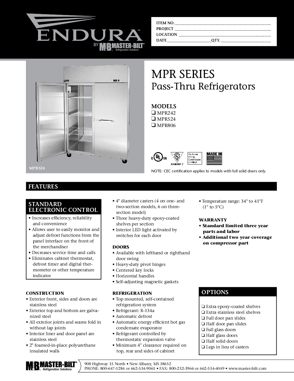 Master-Bilt MPR806SSS/0 Pass-Thru Refrigerator