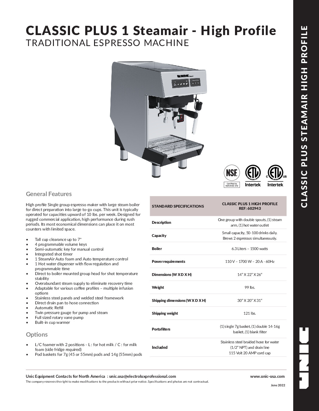 Grindmaster-UNIC-Crathco CLASSIC 1 HPSA Espresso Cappuccino Machine
