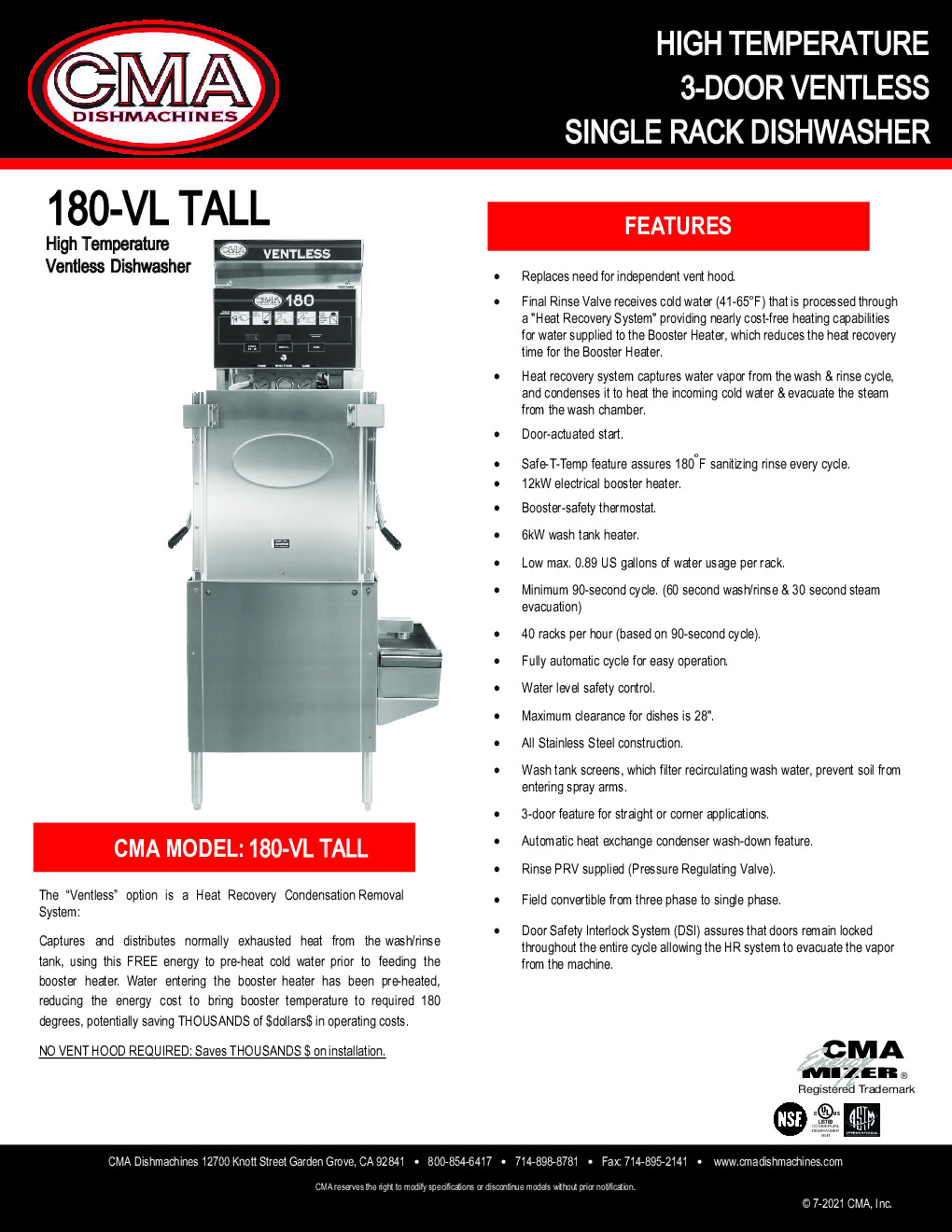 CMA Dishmachines CMA-180-VL - Ventless High Temp Dishwasher with