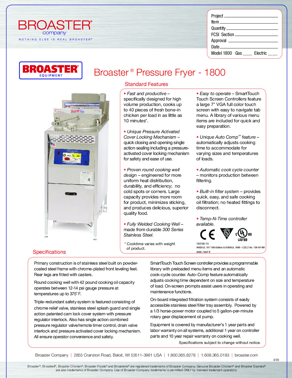 Broaster 85782 1800 Series Natural Gas Pressure Fryer