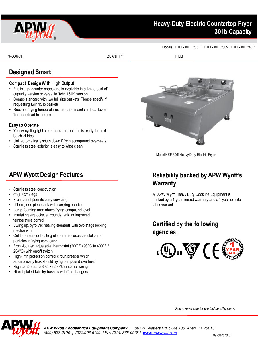 APW Wyott HEF-30TI Split Pot Countertop Electric Fryer