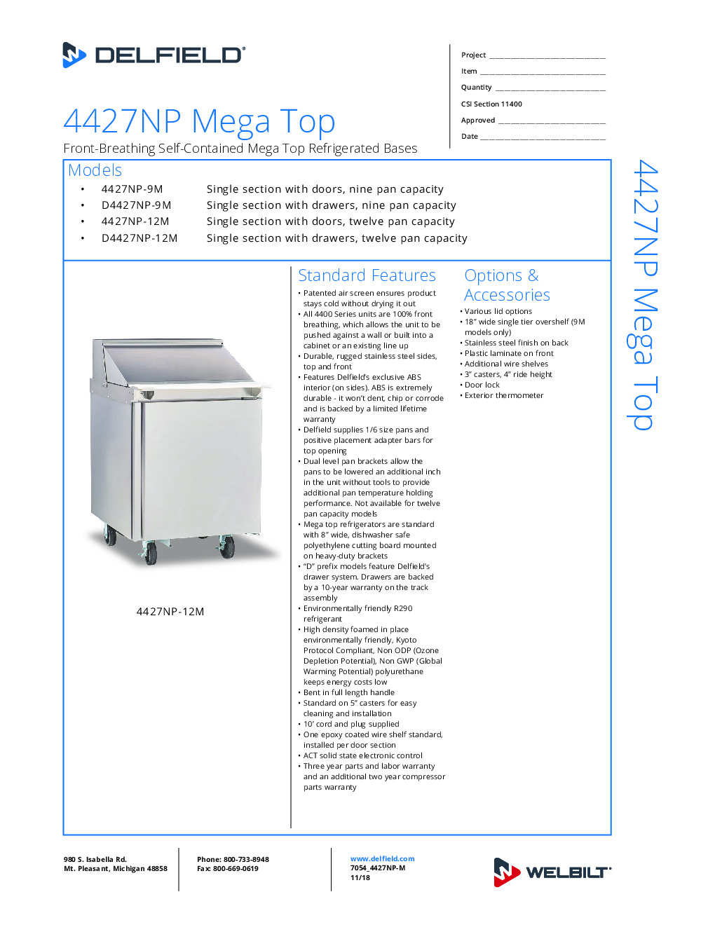 Delfield 4427NP-9M Mega Top Refrigerated Prep Table w/ 9.20 Cu Ft, 1 Door, 1-Section 9 Pans