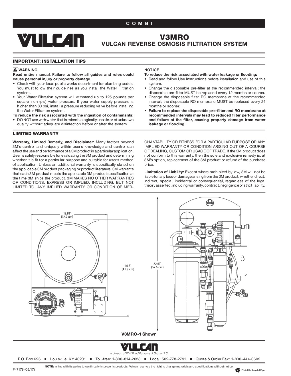 Vulcan V3MRO-1 Reverse Osmosis System
