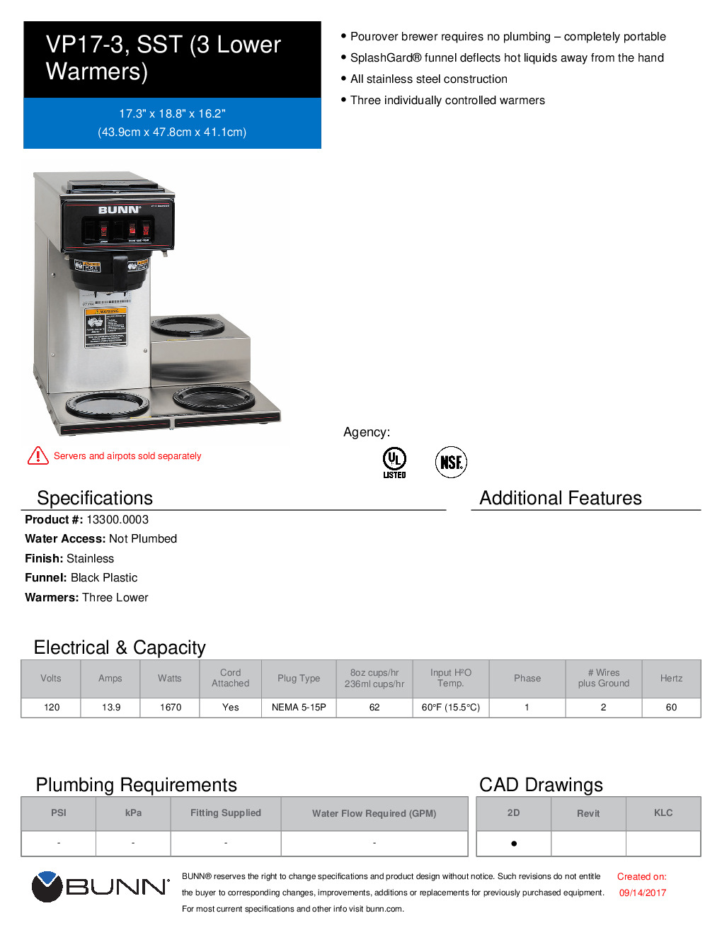 Bunn 13300.0003 VP17-3 Low Profile Pourover Coffee Brewer with 3 Warme