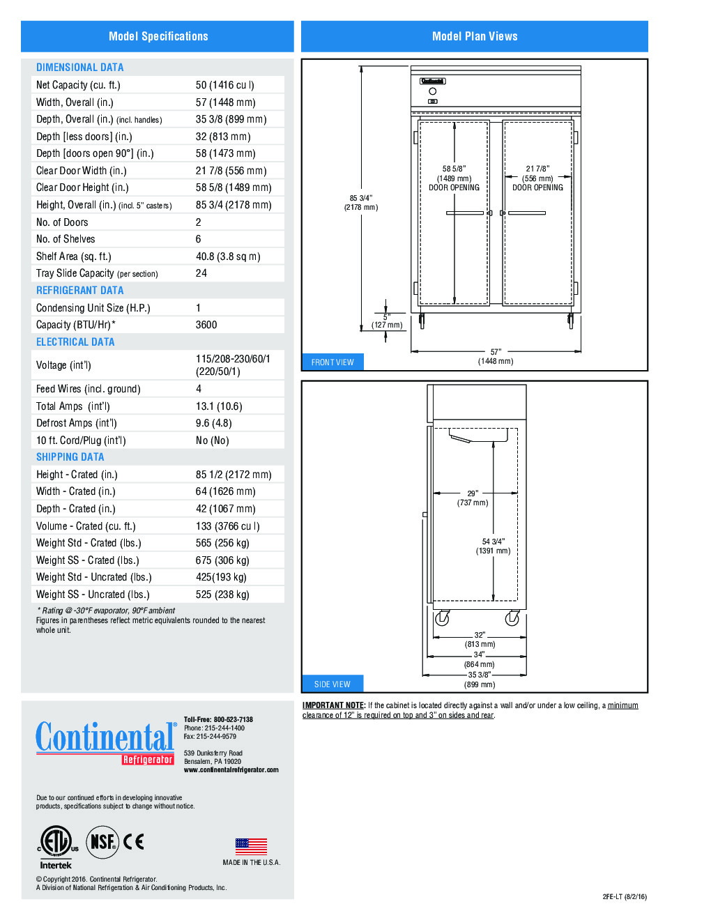 Continental Refrigerator 2FE-LT-SS Reach-In Low Temperature Freezer