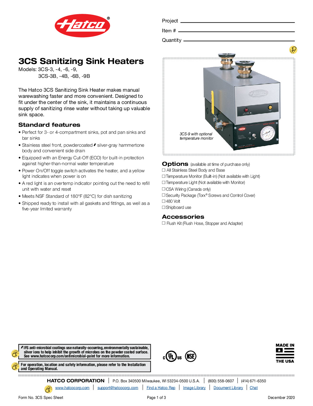 Hatco 3CS-6-QS Electric Sink Heater, 6.0 kW