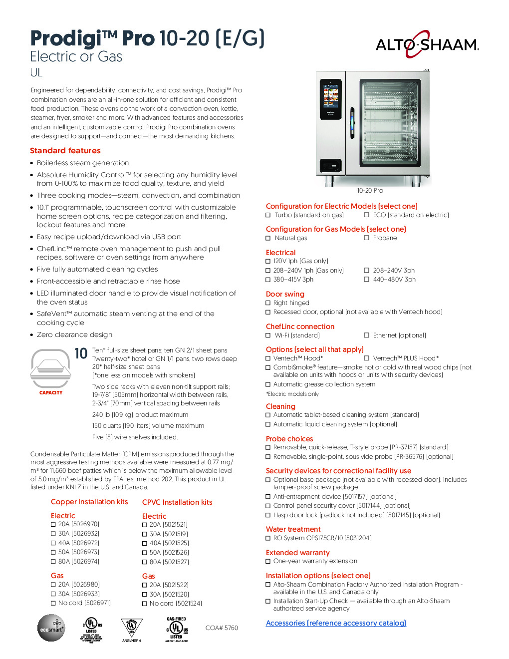 Alto-Shaam 10-20G PRO Countertop Gas Combi Oven, Wifi Enabled Controls, 22 Full Size Pan Cap.