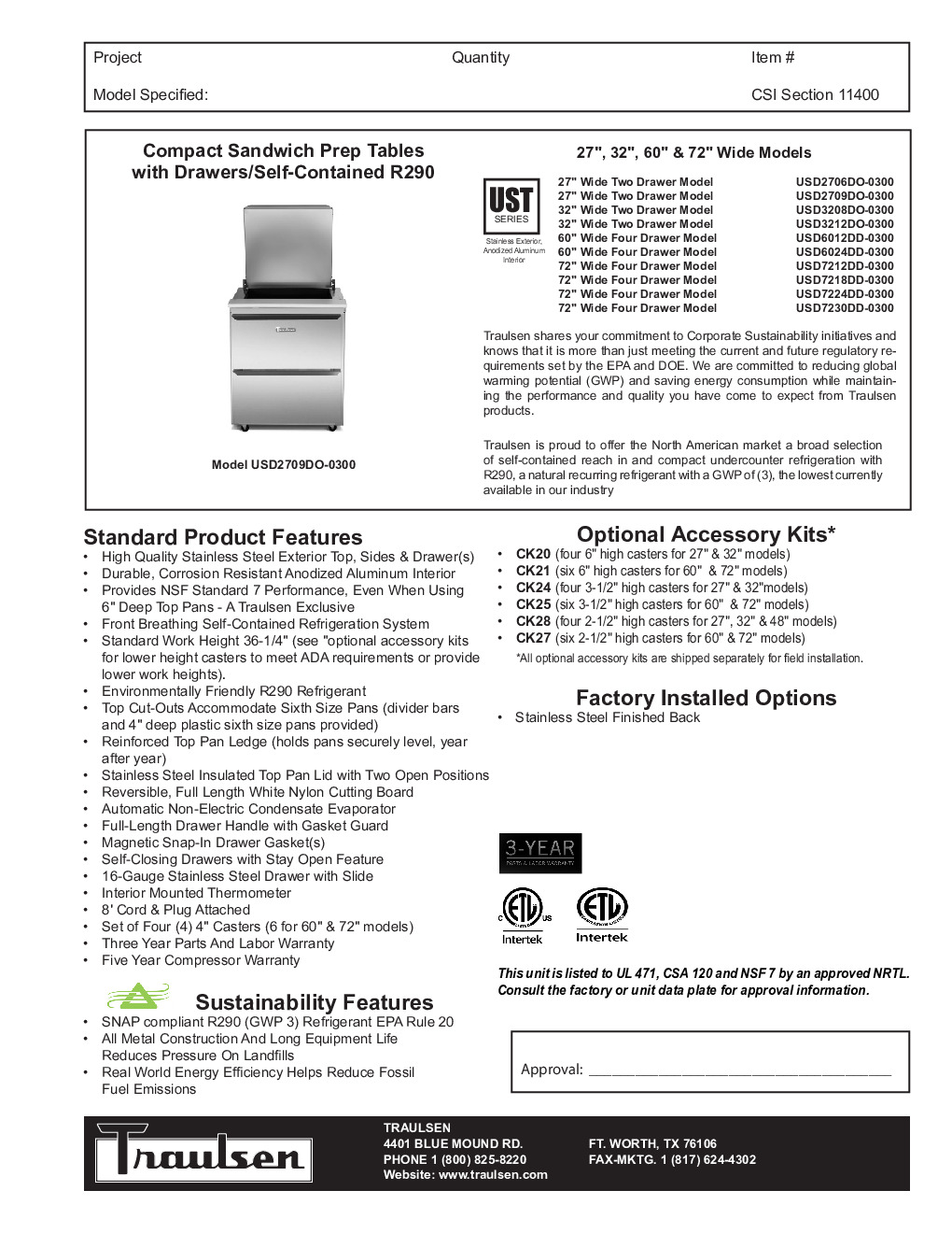 Traulsen USD7230DD-0300-SB Sandwich / Salad Unit Refrigerated Counter