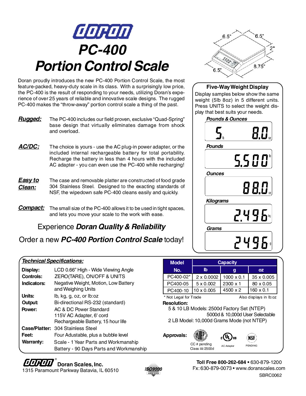 Doran PC-400 Digital Portion Control Scale