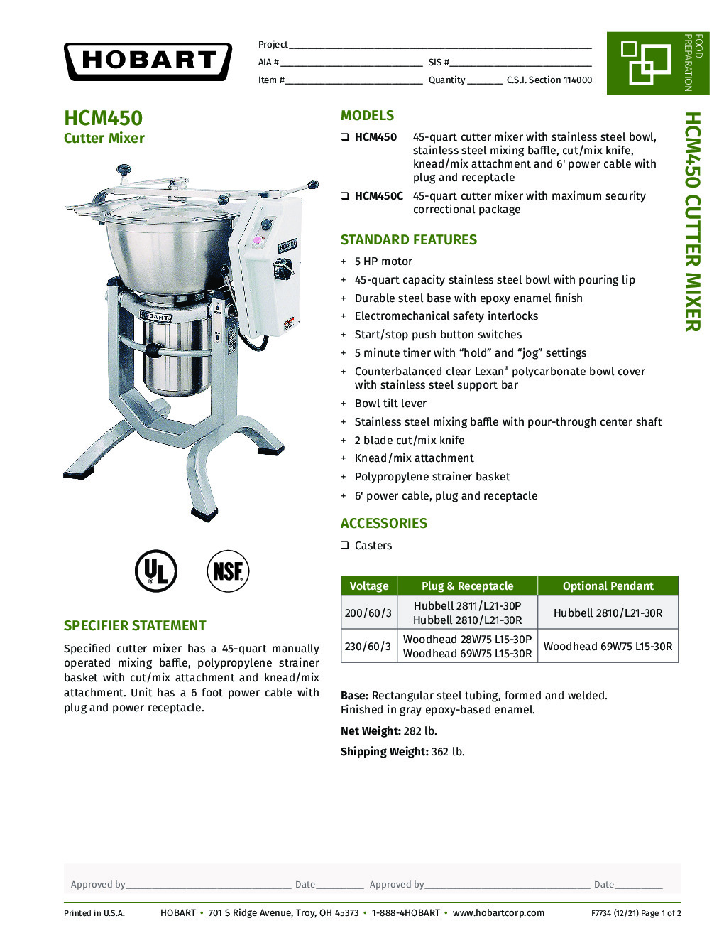 Hobart HCM450C-61 Correctional Vertical Cutter Mixer with 45 qt Capacity, Tilting Bowl, Cut-Mix and Knead-Mix Attachment, 5 hp, 200/60/3