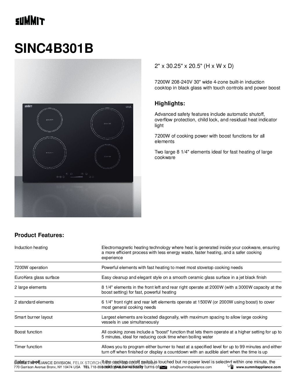 Summit SINC4B301B Built-In / Drop-In Induction Range