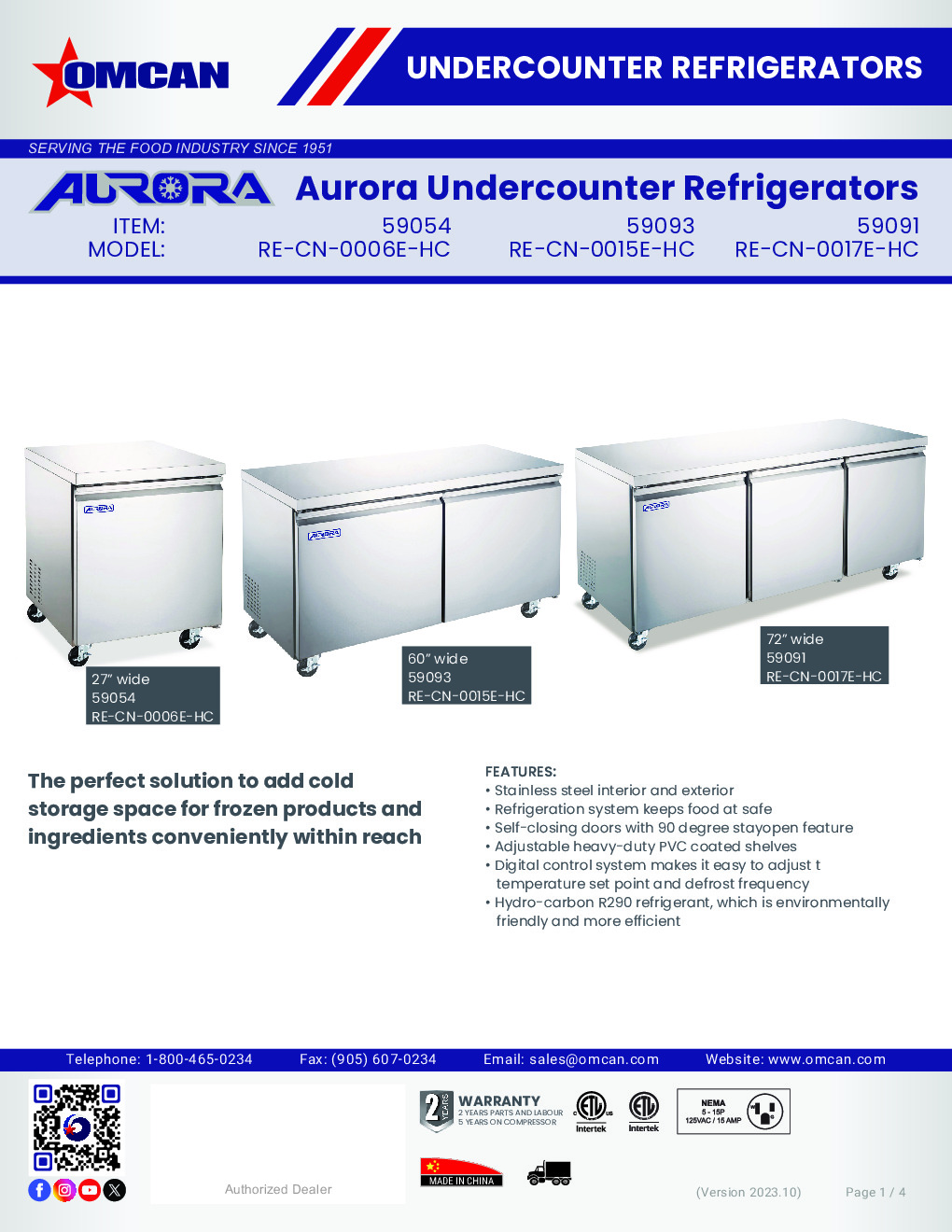 Omcan USA 59054 Reach-In Undercounter Refrigerator