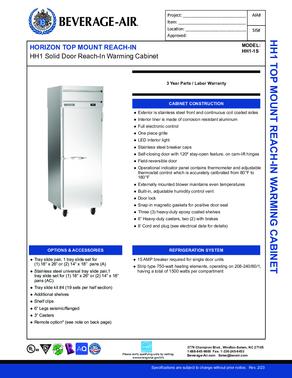 Beverage Air HH1-1S Reach-In Heated Cabinet